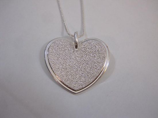 Sterling Silver Necklace with Silver Druzy Crystal Heart Pendant, 21.4 g total weight