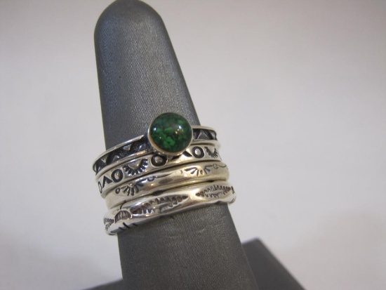 Set of 4 Sterling Silver Engraved Rings including green gemstone and more, size 7.75, 8.9 g total
