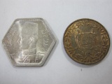Two Coins, Egyptian 1944 Silver 2 Qirsh Coin with Suriname 1962 1 Cent