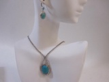Sterling Silver Turquoise Necklace and Earrings Set, 16.0 g total weight
