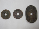 Three Antique Japan Coins from Edo Period including 1835-1870 100 Mon Oval Bronze Coin and more