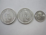 Three Switzerland Coins including 1940 2 Franc, 1946 2 Franc and 1970 10 Centimes