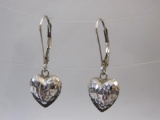 14K White Gold Textured Heart Lever Back Earrings, 1.1 g