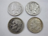 Four US Silver Dimes: 1936 & 1944 Mercury and 1949 & 1963 Roosevelt Dimes