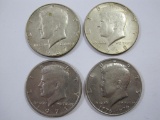 Four Silver-Clad US Kennedy Half Dollar Coins: 1967, 1969, 1971, and 1976