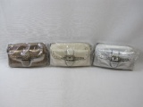 Three Kathy Van Zeeland Clutches, Colors Include Bone, Bronze and Silver, In original Shipping Bag,