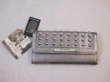 New B Makowsky Wallet: Pewter Pebble Leather with Studs, 6 oz