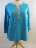 New Bob Mackie Turquoise Shirt with Beaded Neckline and Medallion, XL, 10 oz