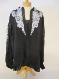New Bob Mackie Black Button Down Sheer Shirt with White Embroidered Design and Tank, XL, 9 oz