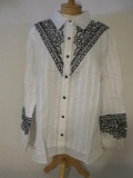 New Bob Mackie White Button Down Shirt with Black Embroidered Design, L, 9 oz