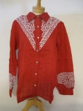 New Bob Mackie Red Button Down Shirt with White Embroidered Design, L, 9 oz