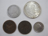 Five Netherlands Coins including 1918 Silver 25 Cents, 1965 Silver 1 Gulden, and more