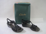 Clarks Bendables Lizard Embossed Leather Cut Out Sandals, 2 inch Heel, Black, Women's Size 9w, New