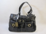 Maxx New York Double Handle Black Patent Leather Tote with Front Flap Cargo, with branded storage