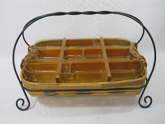 Peterboro 1854 Basket Company Rectangular Wood Basket with Metal Stand, Leather Handles, Dividers