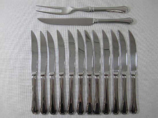 Twelve International Steak Knives with 2 Piece Carving Set, Casino Pattern Stainless Steel, made in