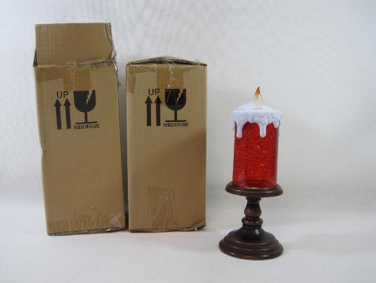 Two Bethlehem Lights Holiday Glitter Globe Flameless 10 inch Pedestal Candles, Red, Batteries Not