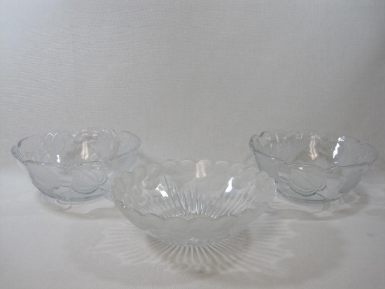 Three Decorated Pressed Glass Serving/Fruit Bowls includes 2 Crystal Clear Studios 11 inch, Japan