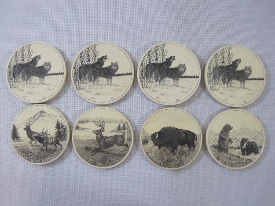 Two Sets of Four Barlow Cork Back Coasters, 4 North American Wildlife, 4 Wolves