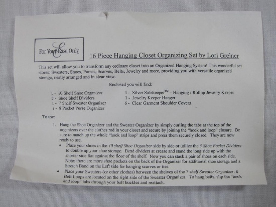 For Your Ease Only 16 Piece Hanging Closet Organizer Set by Lori Greiner, New in Packaging
