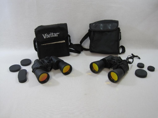 Two Sets of Binoculars in Carry Pouches includes Vivitar 7X50 Coated Optics, and made in China 10X50