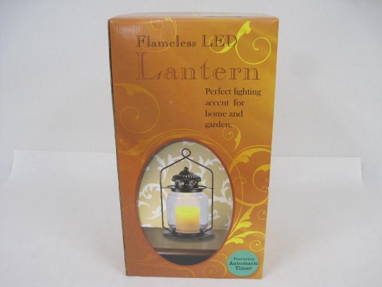 Flameless LED Lantern Featuring Automatic Timer, Includes Metal Hook for Hanging