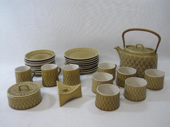 B & G Relief Stoneware Tea Set, 305, Teapot with Rattan Handle, Sugar Bowl, Cups and more,