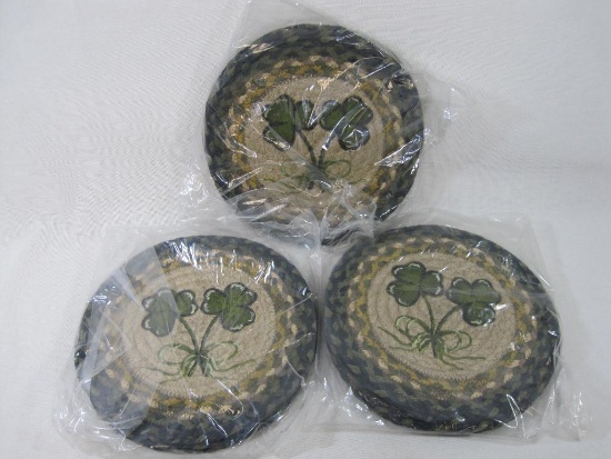 Set of Twelve Shamrock Trivet Mats by Artist Susan Burd, 10 x 10 inch Round Braided 100% Natural