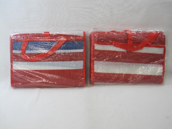 Two Large Fold Up Picnic/Beach Mats, Red, White and Blue Stripe, 58 x 78 inches, Woven Water