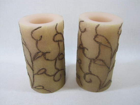 Candle Impressions Set of 2 Flameless 6 inch Textile Scroll Pilar Candles, Taupe Color, Vanilla