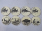 Two Sets of Four Barlow Cork Back Coasters, 4 North American Wildlife, 4 Wolves