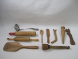 Vintage Kitchen Items, including Wooden Masher, Paddles and Spoons, Ricer and more