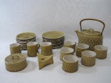 B & G Relief Stoneware Tea Set, 305, Teapot with Rattan Handle, Sugar Bowl, Cups and more,
