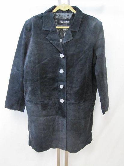 Ladies Dialogue Brand 100% Leather Suede Coat, 1X, in Black with Button Front, Washable,