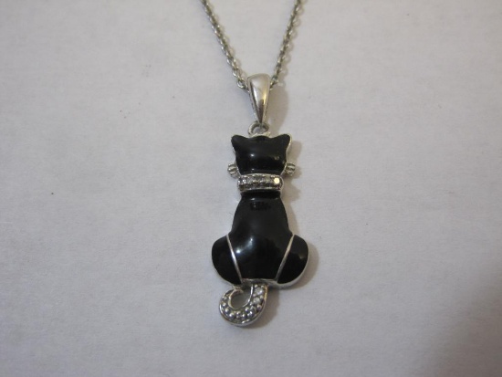 Sterling Silver Cat Pendant with Diamond (tested) Accents and Sterling Necklace