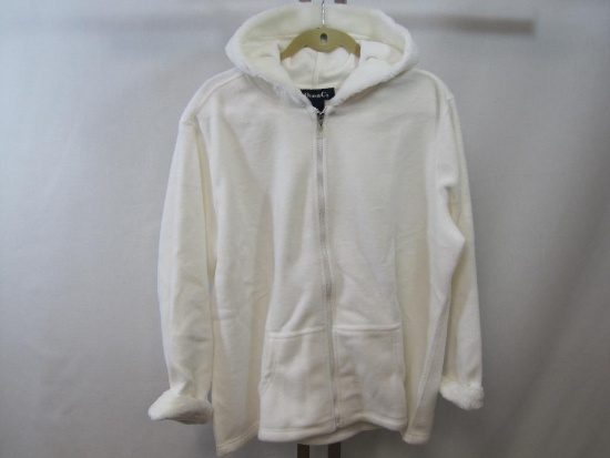 New Ladies Denim & Co. Fleece Zip Front Hooded Jacket, 1X, Ivory, with Faux Fur Accents at Hood and
