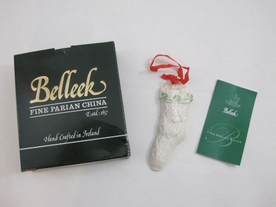 Belleek Shamrock Christmas Stocking Ornament in original box, 3 oz