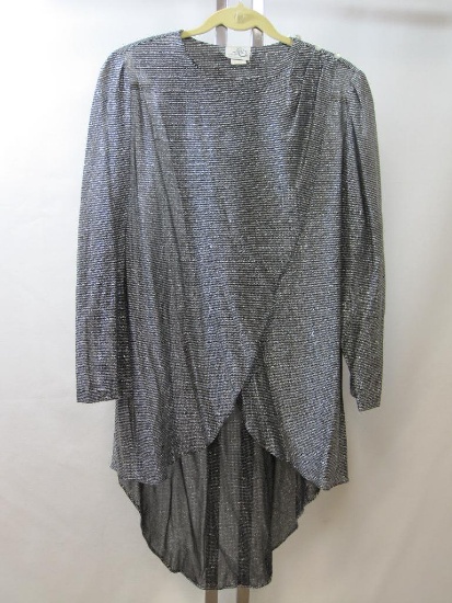 Vintage Silver Metallic/Black Ladies Long Back Tunic, with Sparkle Button Shoulder Accent, Bust Size