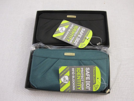 Two New Travelon Zip Around Wallets: Teal and Black, in original boxes, 14 oz