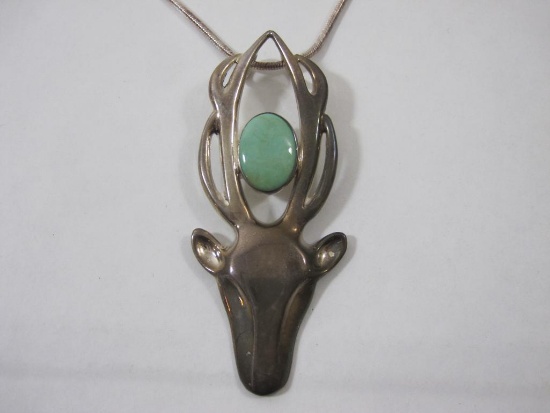 Sterling Silver Deer Head Pendant and Necklace with Green Gemstone, 23.2 g