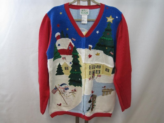 New Ladies The Quacker Factory Vee Neck Ramie/Cotton Blend Cardigan Sweater, Large, Christmas