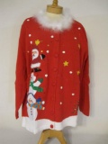 New Quaker Factory Red Snowman Balancing Act Button Cardigan with Faux Fur Collar, size 1X, 1 lb 13