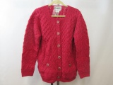 New Arancrafts Ireland 100% Merino Wool Ladies Button Front Sweater with Red Pearl/ Brass tone