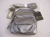 New B Makowsky Pewter Glove Leather Pocket Accent Crossbody Purse with branded storage bag, 1 lb