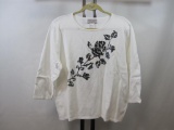 New Victor Costa Occasion Ladies Pullover Sweater with Sequined Rose Detail, Large, in White, 11 oz.