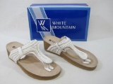 White Mountain Women's Catnip Leather Wedge Sandals with Beaded Detail, White, Size 9W, 1lb 8 oz