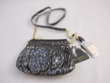 New B Makowsky Metallic Pewter Leather Zip Top Crossbody Bag with Chain Detail and branded storage