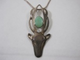 Sterling Silver Deer Head Pendant and Necklace with Green Gemstone, 23.2 g