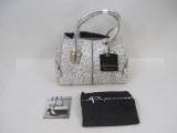 New B. Makowsky Satchel Purse, Leopard Print with Champagne Leather Accents and Branded Storage Bag,