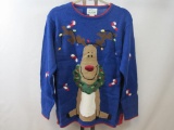 New Ladies The Quacker Factory Ramie/Cotton Blend Pullover Sweater, Large, Blue, Christmas Themed